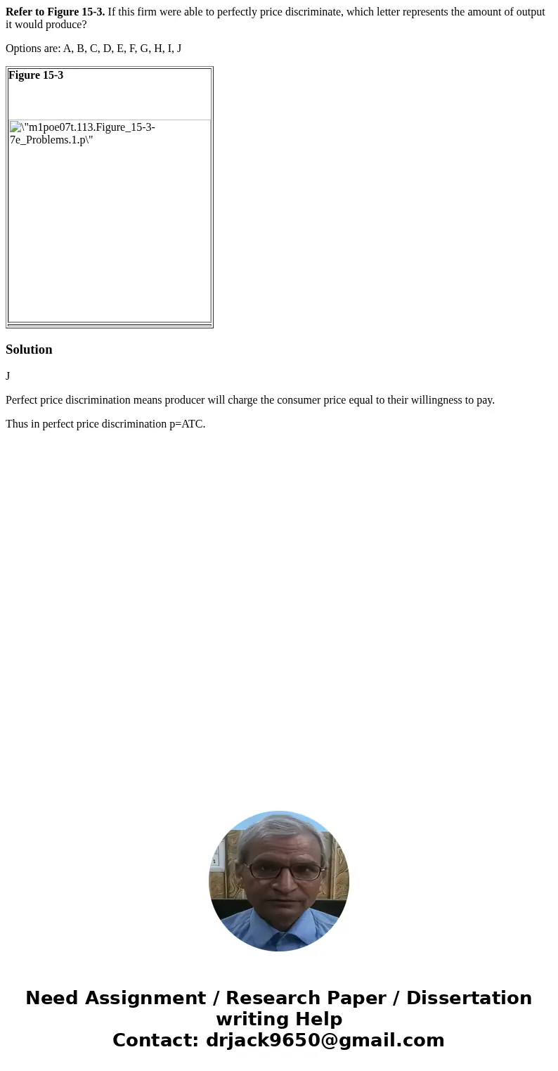 Refer to Figure 15-3. If this firm were able to perfectly price discriminate, which letter represents the amount of output it would produce? Options are: A, B, 
