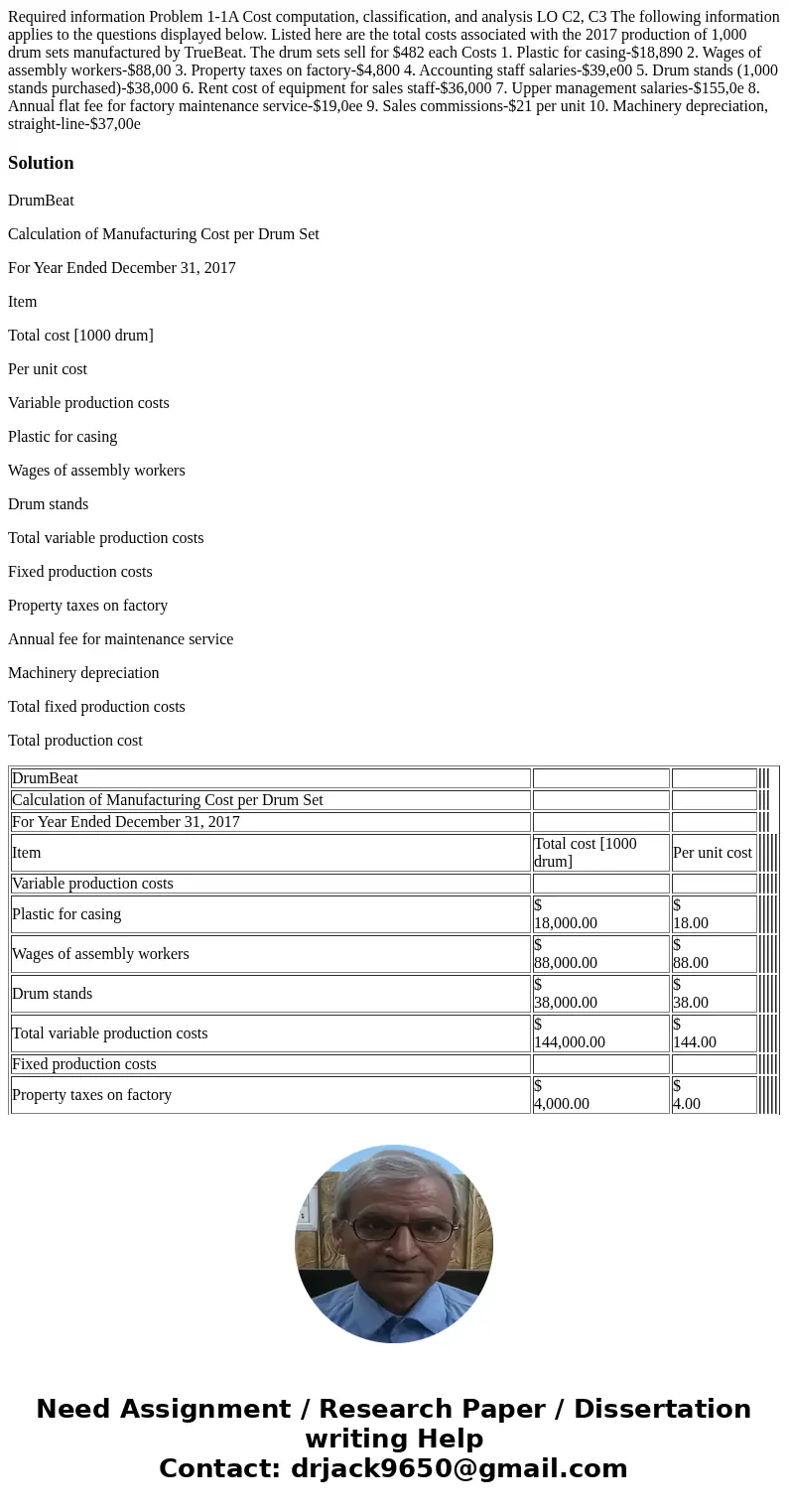  Required information Problem 1-1A Cost computation, classification, and analysis LO C2, C3 The following information applies to the questions displayed below. 