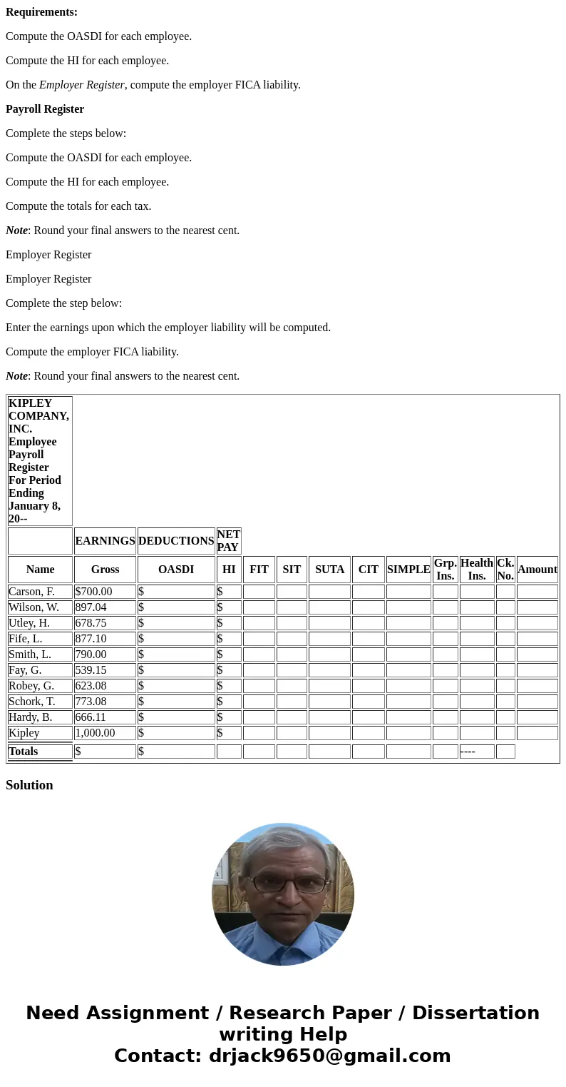 Requirements: Compute the OASDI for each employee. Compute the HI for each employee. On the Employer Register, compute the employer FICA liability. Payroll Regi