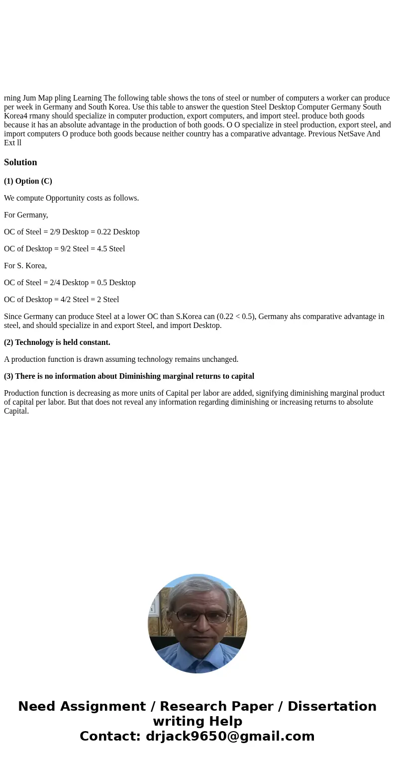  rning Jum Map pling Learning The following table shows the tons of steel or number of computers a worker can produce per week in Germany and South Korea. Use t