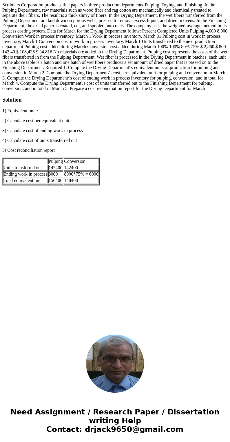Scribners Corporation produces fine papers in three production departments-Pulping, Drying, and Finishing. In the Pulping Department, raw materials such as woo  Scribners Corporation produces fine papers in three production departments-Pulping, Drying, and Finishing. In the Pulping Department, raw materials such as woo