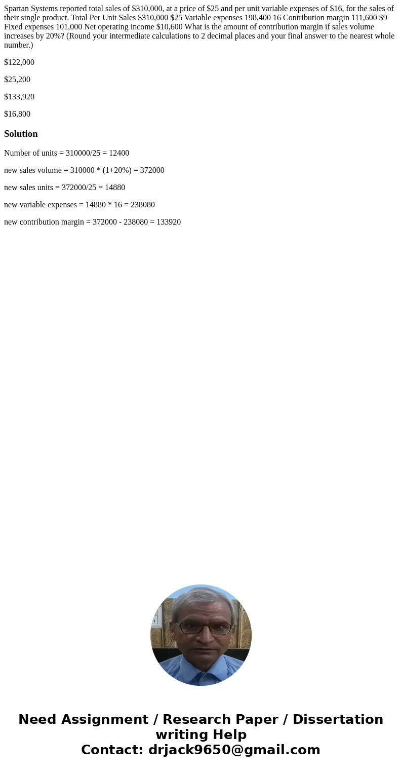 Spartan Systems reported total sales of $310,000, at a price of $25 and per unit variable expenses of $16, for the sales of their single product. Total Per Unit