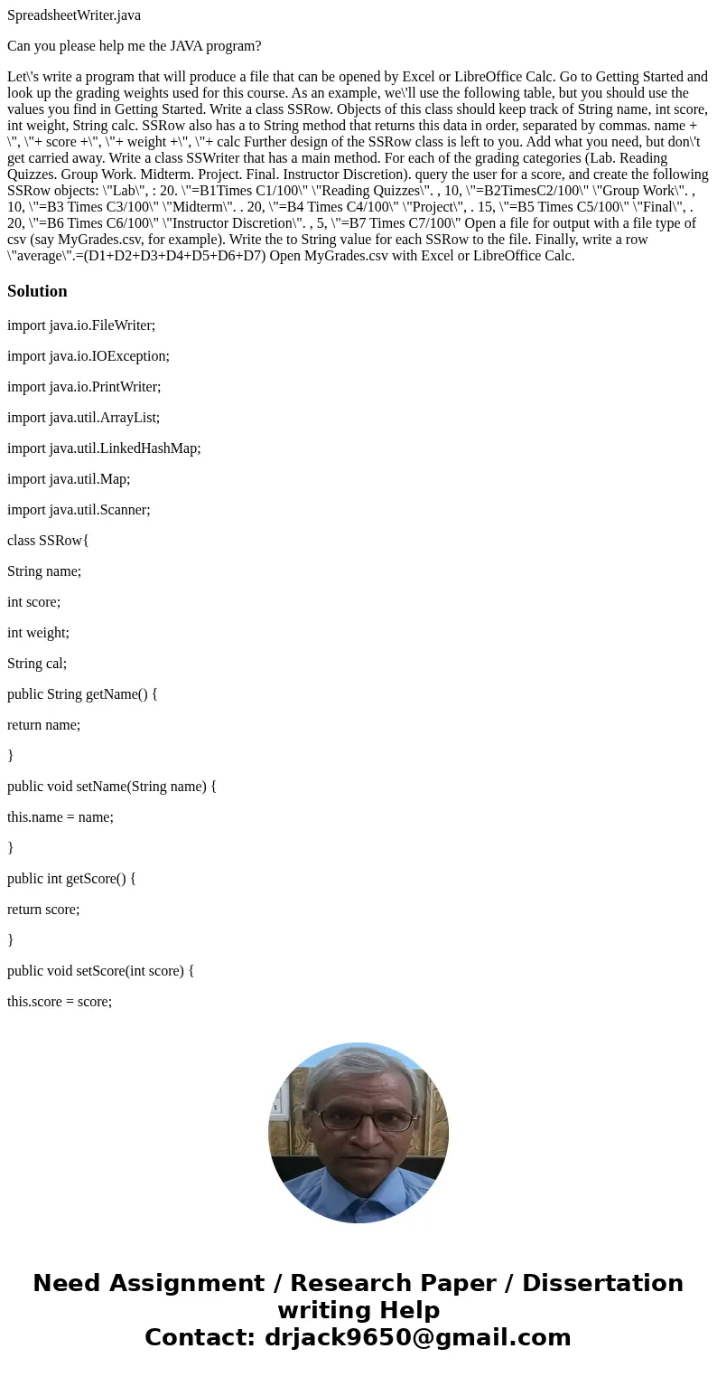 SpreadsheetWriter.java Can you please help me the JAVA program? Let\'s write a program that will produce a file that can be opened by Excel or LibreOffice Calc. SpreadsheetWriter.java Can you please help me the JAVA program? Let\'s write a program that will produce a file that can be opened by Excel or LibreOffice Calc.