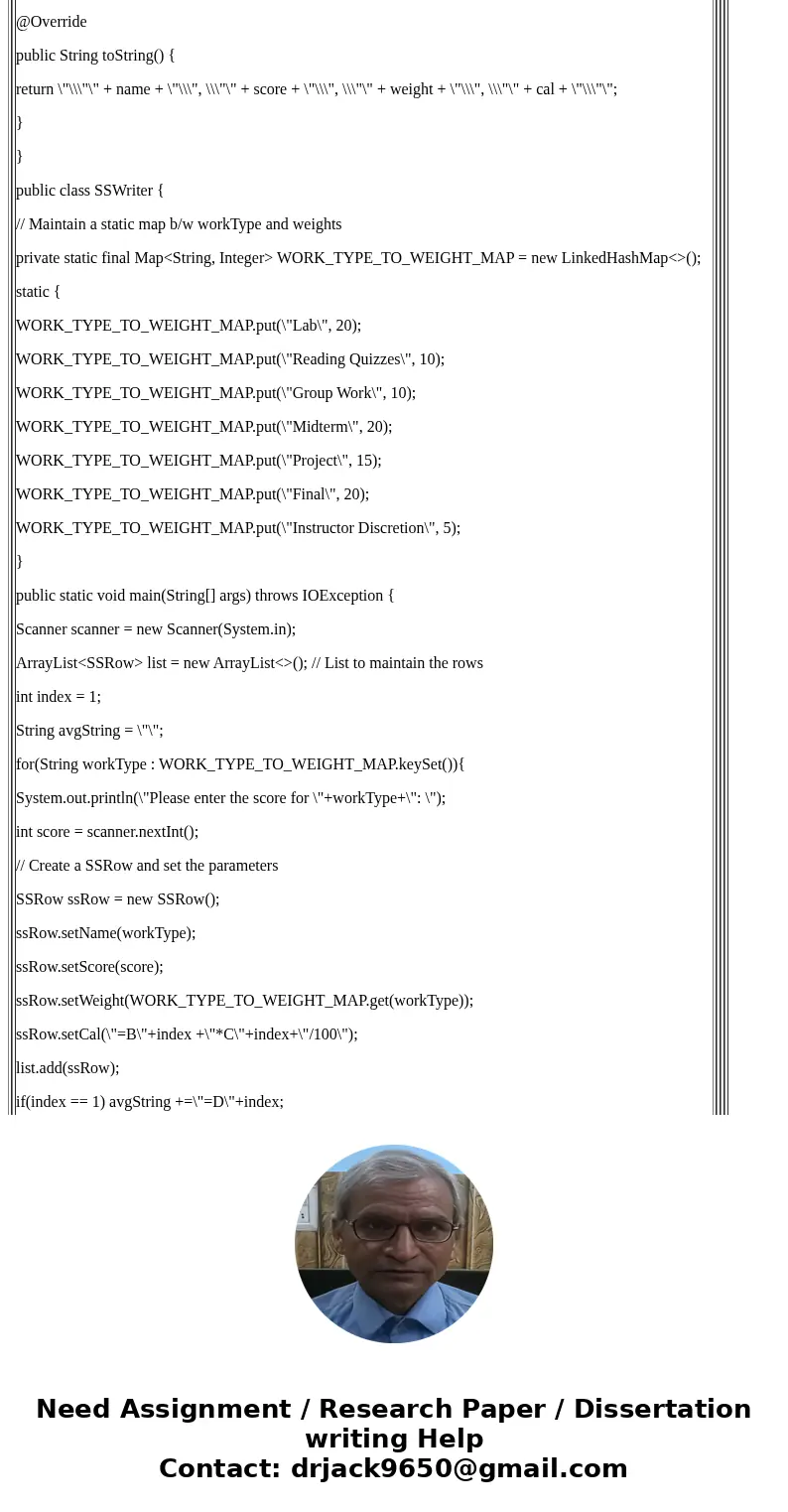 SpreadsheetWriter.java Can you please help me the JAVA program? Let\'s write a program that will produce a file that can be opened by Excel or LibreOffice Calc. SpreadsheetWriter.java Can you please help me the JAVA program? Let\'s write a program that will produce a file that can be opened by Excel or LibreOffice Calc.