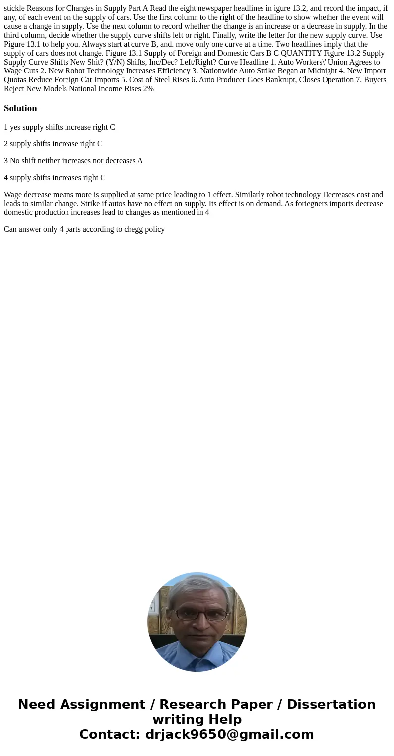 stickle Reasons for Changes in Supply Part A Read the eight newspaper headlines in igure 13.2, and record the impact, if any, of each event on the supply of ca  stickle Reasons for Changes in Supply Part A Read the eight newspaper headlines in igure 13.2, and record the impact, if any, of each event on the supply of ca