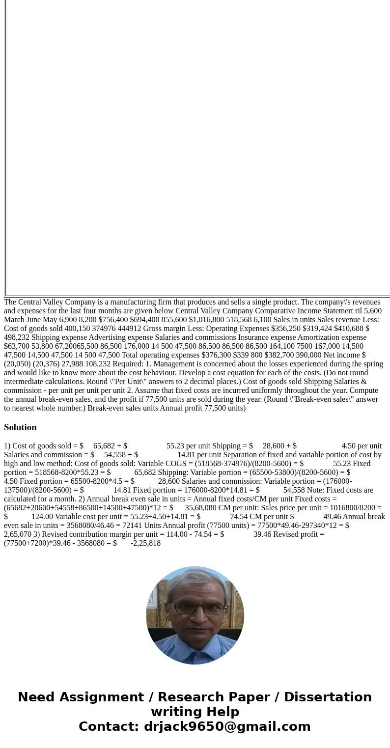  The Central Valley Company is a manufacturing firm that produces and sells a single product. The company’s revenues and expenses for the last four months are g