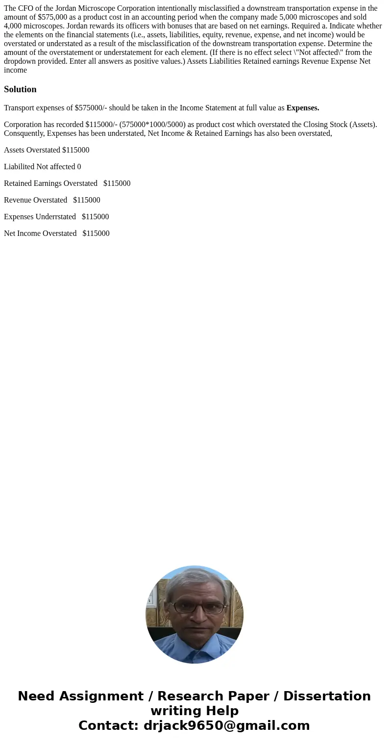  The CFO of the Jordan Microscope Corporation intentionally misclassified a downstream transportation expense in the amount of $575,000 as a product cost in an 