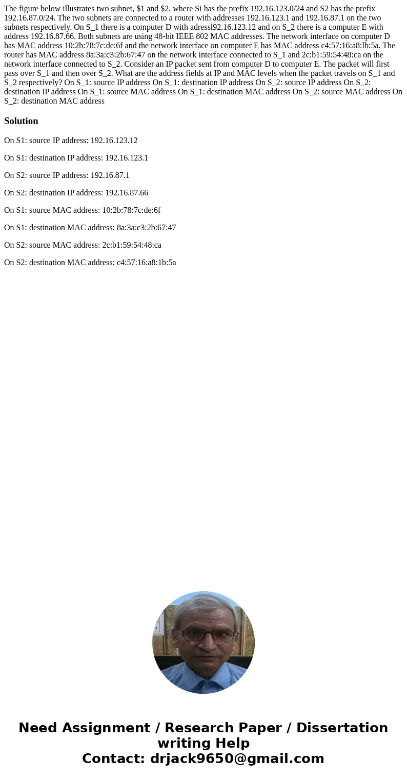The figure below illustrates two subnet, $1 and $2, where Si has the prefix 192.16.123.0/24 and S2 has the prefix 192.16.87.0/24. The two subnets are connected  The figure below illustrates two subnet, $1 and $2, where Si has the prefix 192.16.123.0/24 and S2 has the prefix 192.16.87.0/24. The two subnets are connected