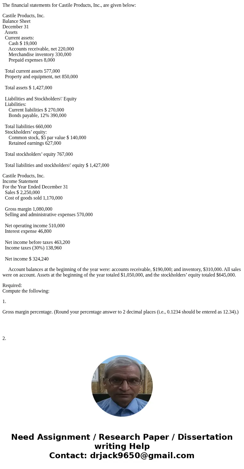 The financial statements for Castile Products, Inc., are given below: Castile Products, Inc. Balance Sheet December 31 Assets Current assets: Cash $ 19,000 Acco