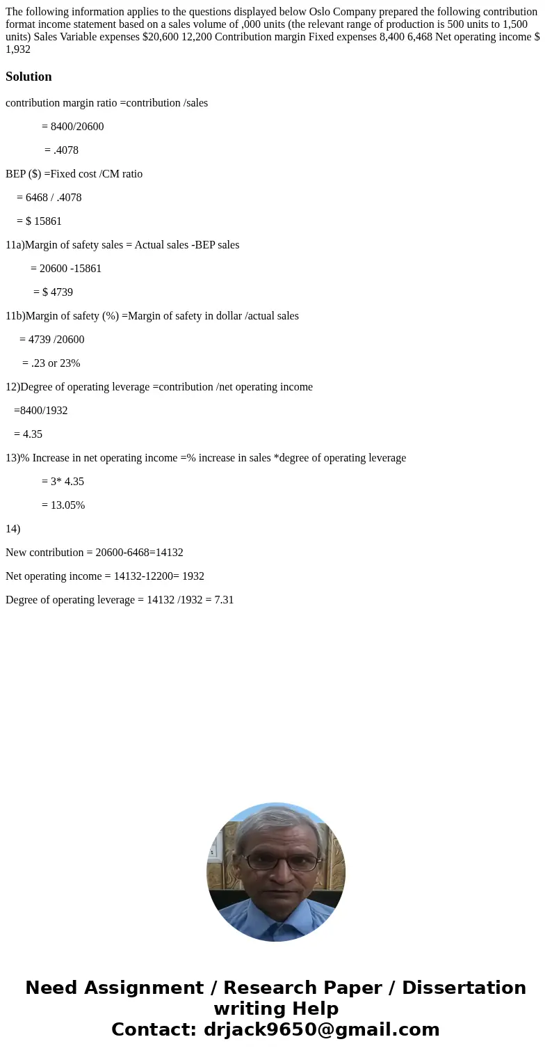  The following information applies to the questions displayed below Oslo Company prepared the following contribution format income statement based on a sales vo