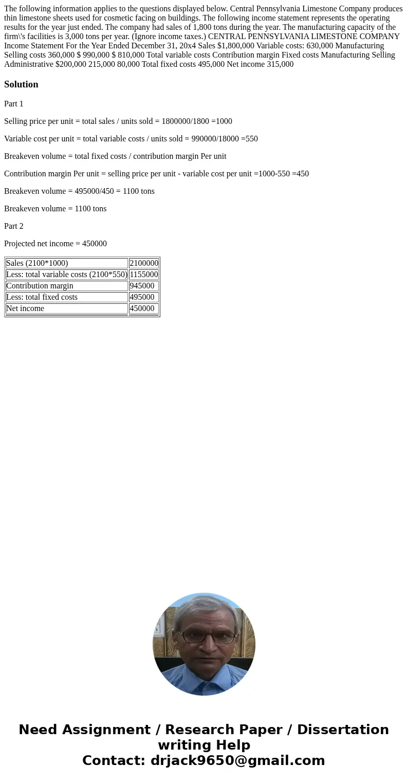 The following information applies to the questions displayed below. Central Pennsylvania Limestone Company produces thin limestone sheets used for cosmetic fac  The following information applies to the questions displayed below. Central Pennsylvania Limestone Company produces thin limestone sheets used for cosmetic fac