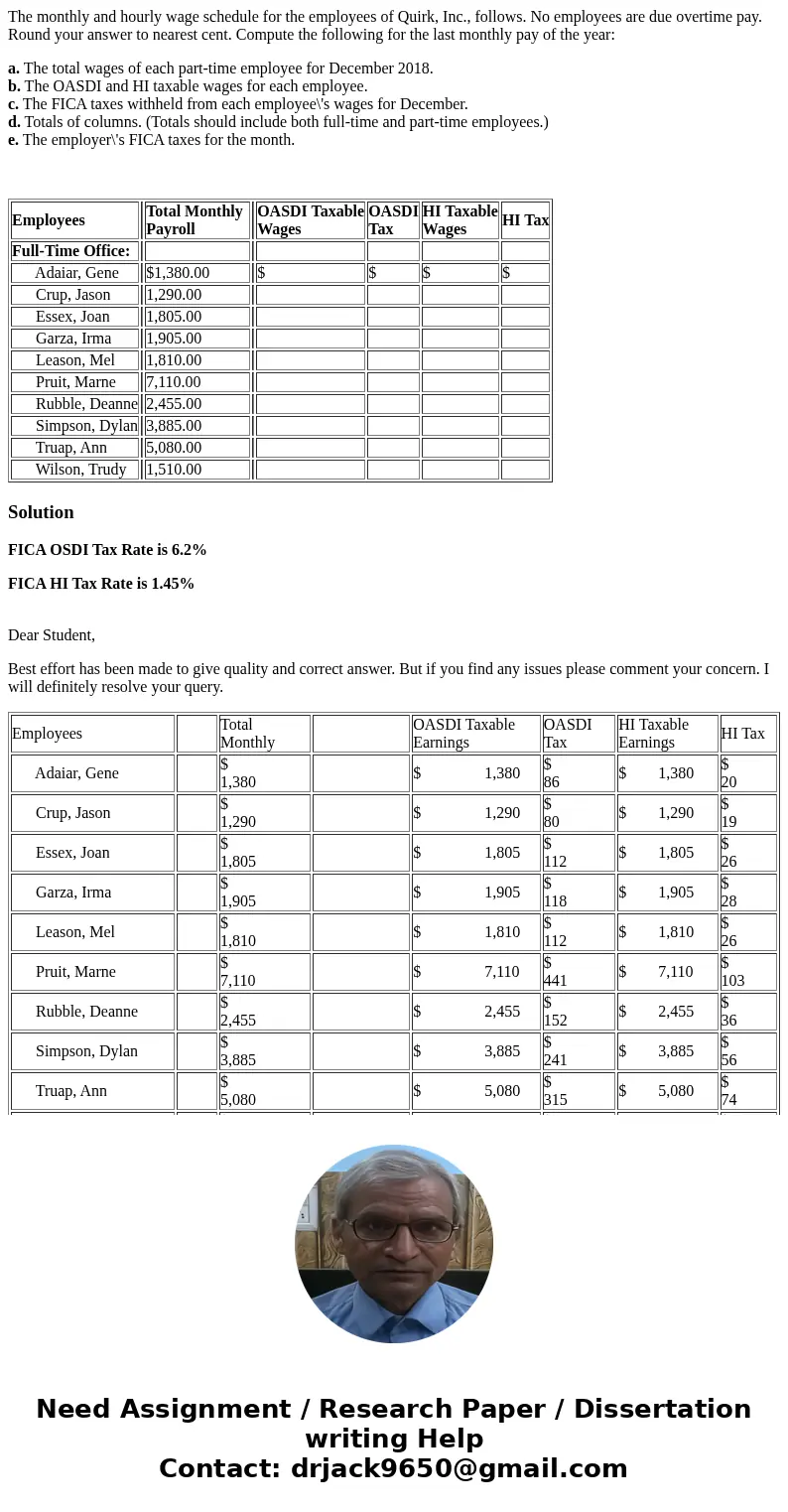 The monthly and hourly wage schedule for the employees of Quirk, Inc., follows. No employees are due overtime pay. Round your answer to nearest cent. Compute th