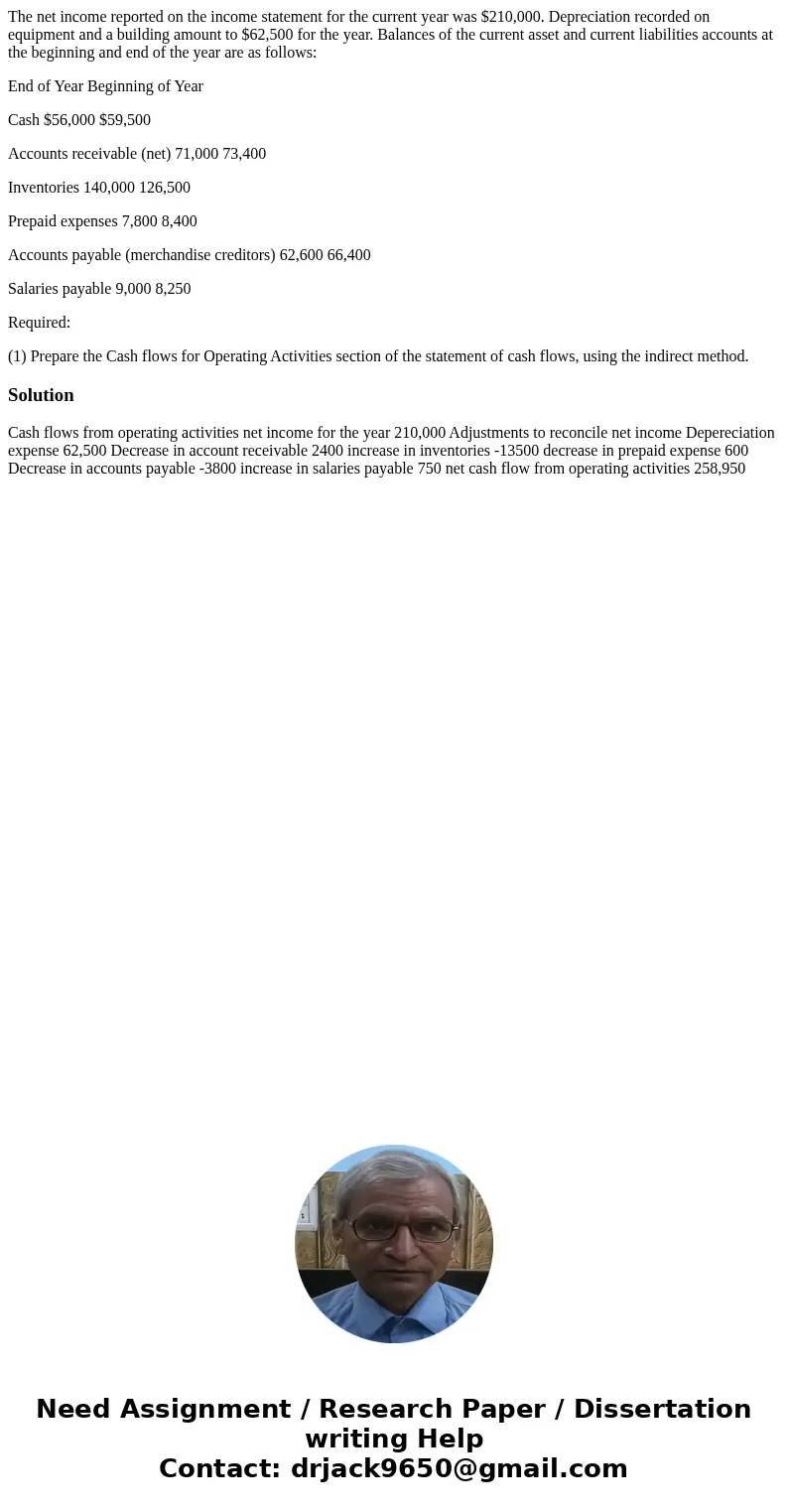 The net income reported on the income statement for the current year was $210,000. Depreciation recorded on equipment and a building amount to $62,500 for the y The net income reported on the income statement for the current year was $210,000. Depreciation recorded on equipment and a building amount to $62,500 for the y