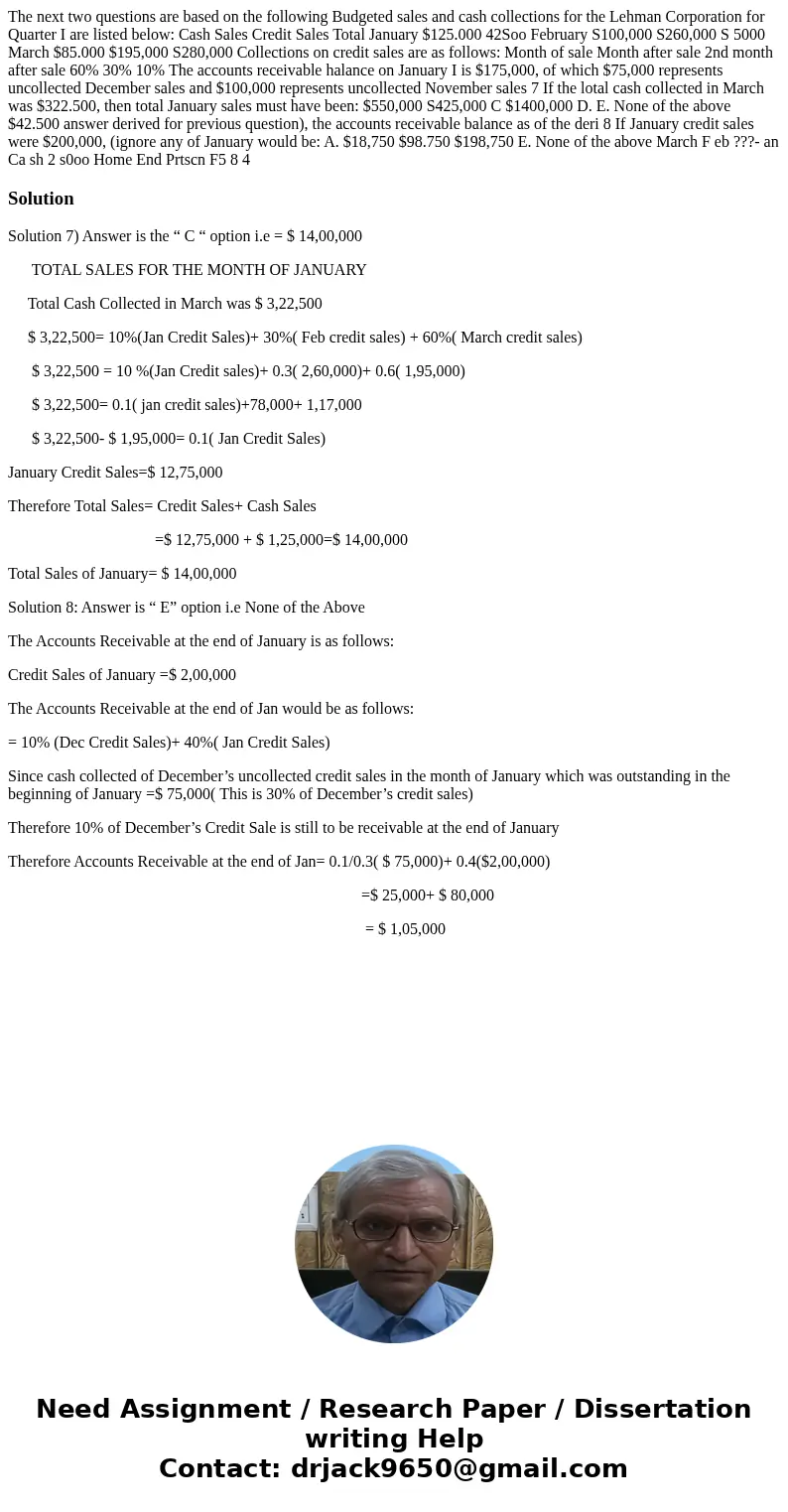  The next two questions are based on the following Budgeted sales and cash collections for the Lehman Corporation for Quarter I are listed below: Cash Sales Cre