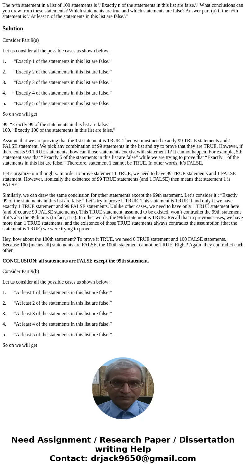 The n^th statement in a list of 100 statements is \  The n^th statement in a list of 100 statements is \