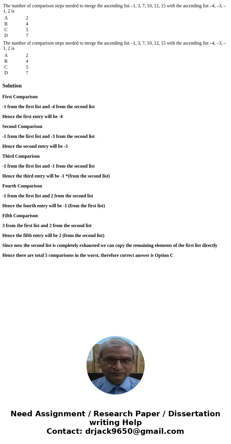  The number of comparison steps needed to merge the ascending list –1, 3, 7, 10, 12, 15 with the ascending list –4, –3, –1, 2 is A 2 B 4 C 5 D 7 The number of c