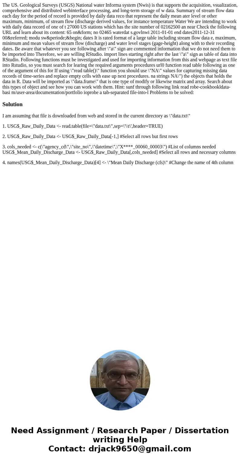  The US. Geological Surveys (USGS) National water Informa system (Nwis) is that supports the acquisition, vsualization, comprehensive and distributed webinterfa