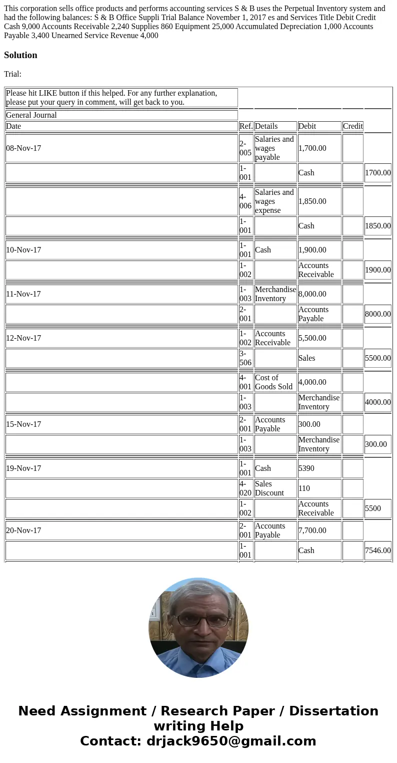  This corporation sells office products and performs accounting services S & B uses the Perpetual Inventory system and had the following balances: S & B