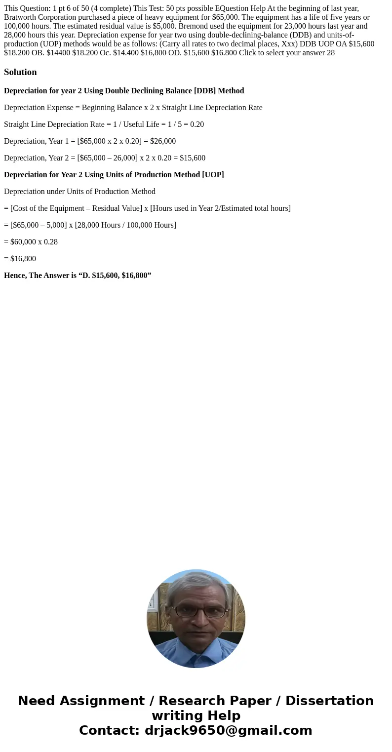  This Question: 1 pt 6 of 50 (4 complete) This Test: 50 pts possible EQuestion Help At the beginning of last year, Bratworth Corporation purchased a piece of he