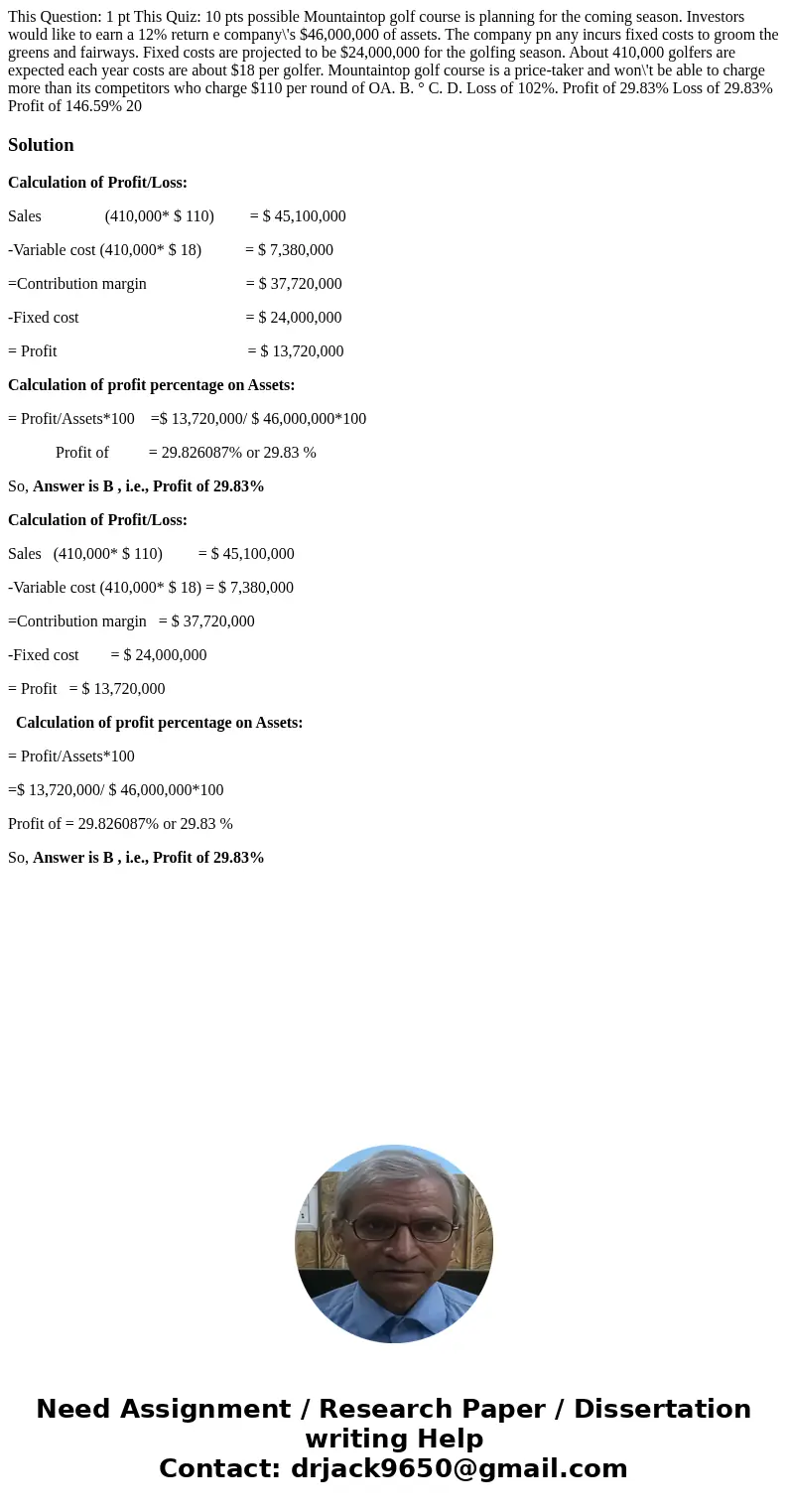 This Question: 1 pt This Quiz: 10 pts possible Mountaintop golf course is planning for the coming season. Investors would like to earn a 12% return e company\'  This Question: 1 pt This Quiz: 10 pts possible Mountaintop golf course is planning for the coming season. Investors would like to earn a 12% return e company\'