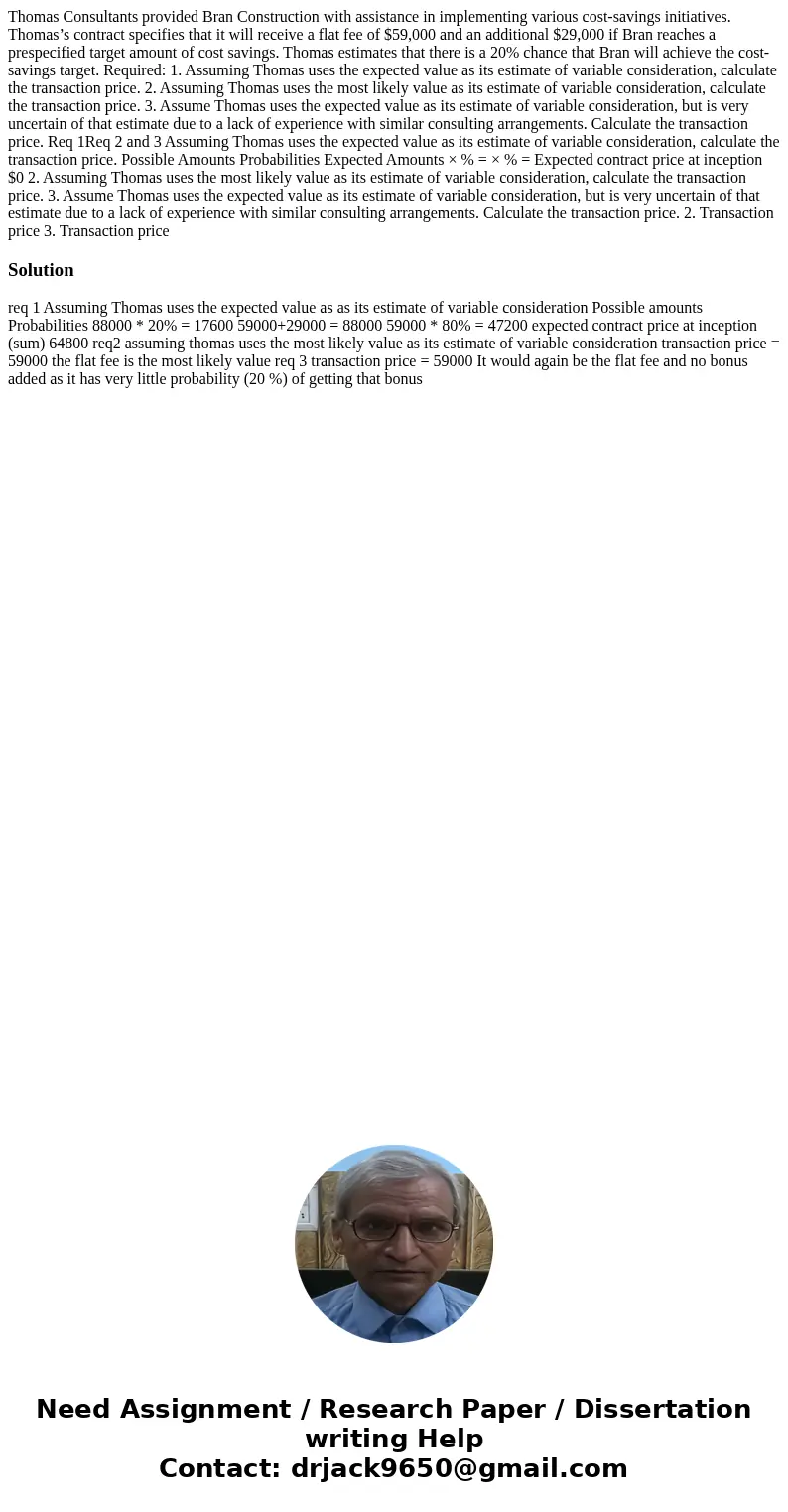 Thomas Consultants provided Bran Construction with assistance in implementing various cost-savings initiatives. Thomas’s contract specifies that it will receive Thomas Consultants provided Bran Construction with assistance in implementing various cost-savings initiatives. Thomas’s contract specifies that it will receive