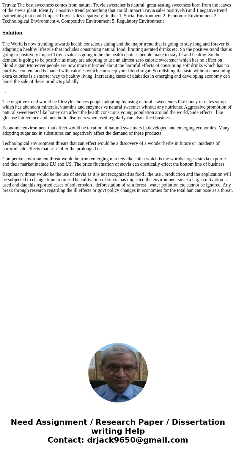 Truvia: The best sweetness comes from nature. Truvia sweetener is natural, great-tasting sweetness born from the leaves of the stevia plant. Identify 1 positive