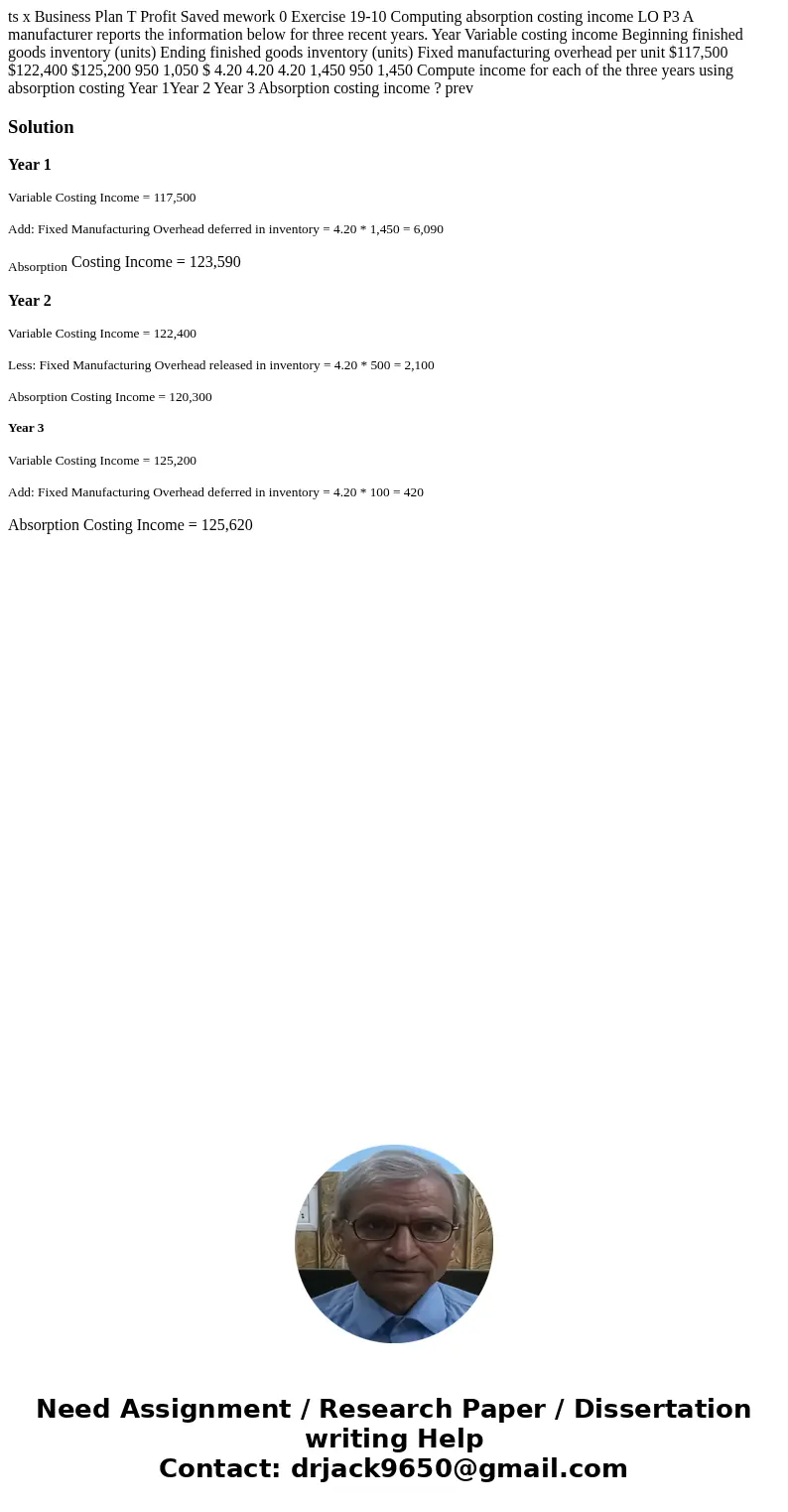 ts x Business Plan T Profit Saved mework 0 Exercise 19-10 Computing absorption costing income LO P3 A manufacturer reports the information below for three rece  ts x Business Plan T Profit Saved mework 0 Exercise 19-10 Computing absorption costing income LO P3 A manufacturer reports the information below for three rece