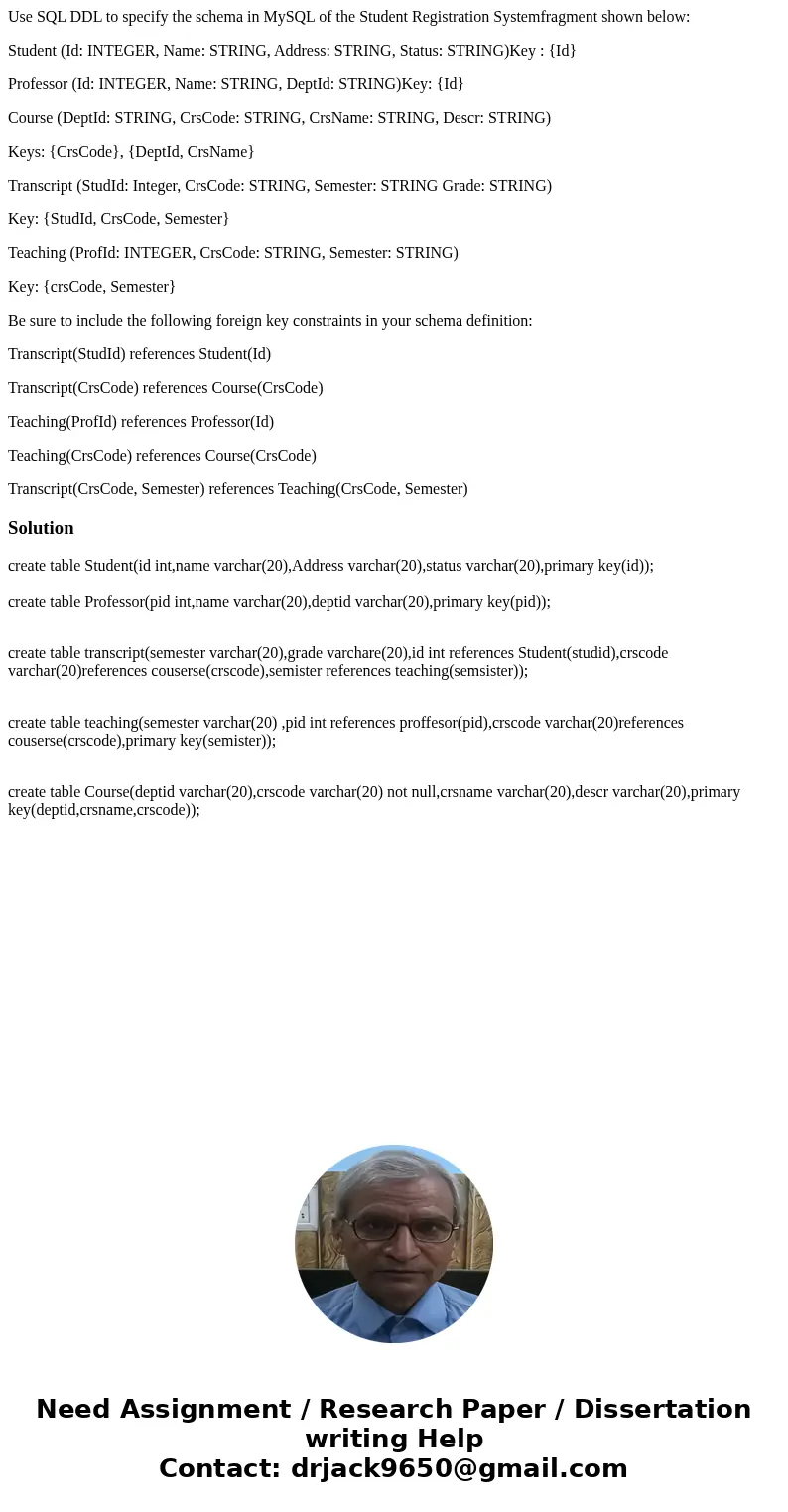 Use SQL DDL to specify the schema in MySQL of the Student Registration Systemfragment shown below: Student (Id: INTEGER, Name: STRING, Address: STRING, Status:  Use SQL DDL to specify the schema in MySQL of the Student Registration Systemfragment shown below: Student (Id: INTEGER, Name: STRING, Address: STRING, Status: