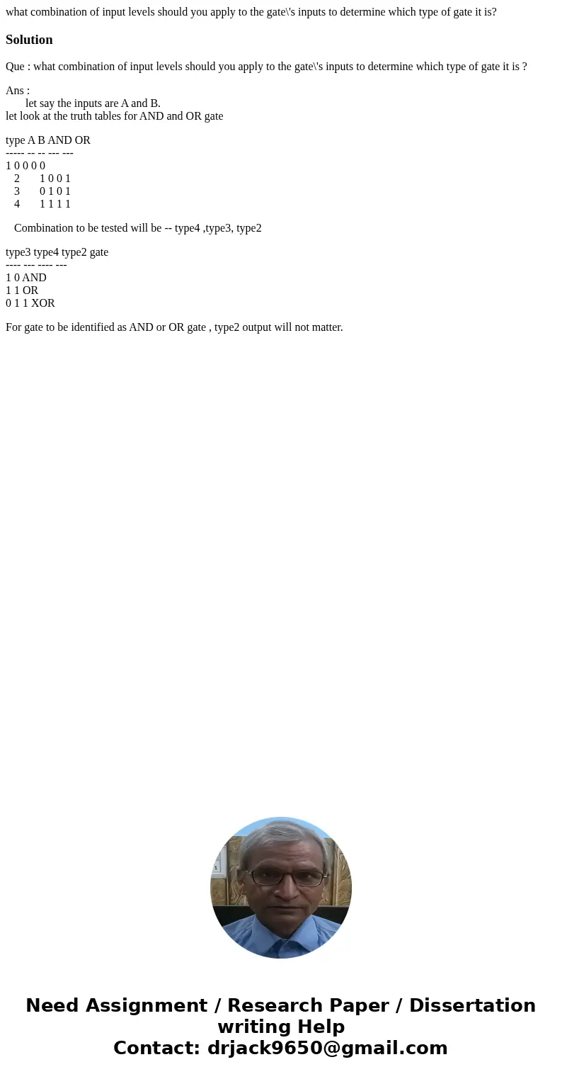 what combination of input levels should you apply to the gate\'s inputs to determine which type of gate it is?SolutionQue : what combination of input levels sho what combination of input levels should you apply to the gate\'s inputs to determine which type of gate it is?SolutionQue : what combination of input levels sho