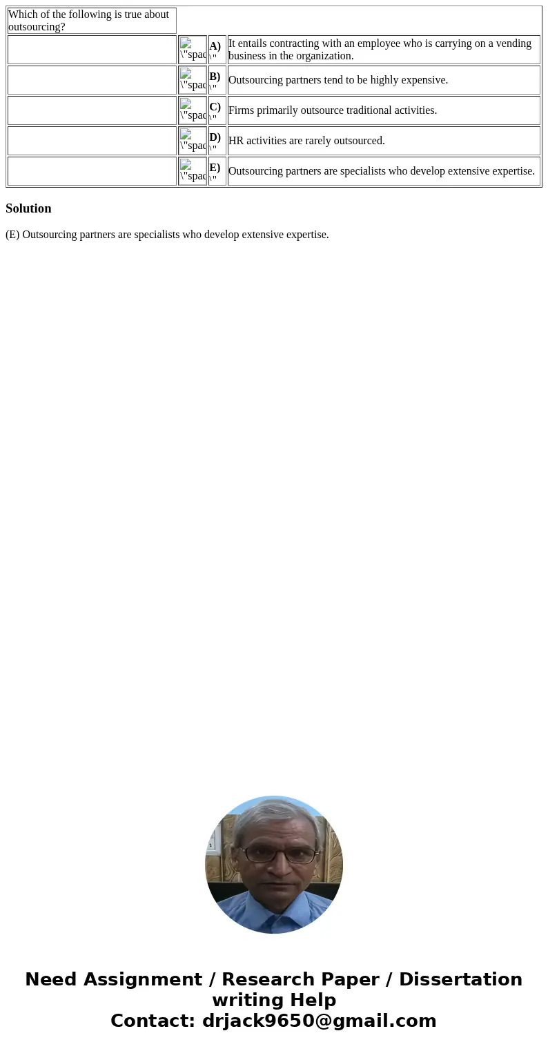  Which of the following is true about outsourcing? A) It entails contracting with an employee who is carrying on a vending business in the organization. B) Outs