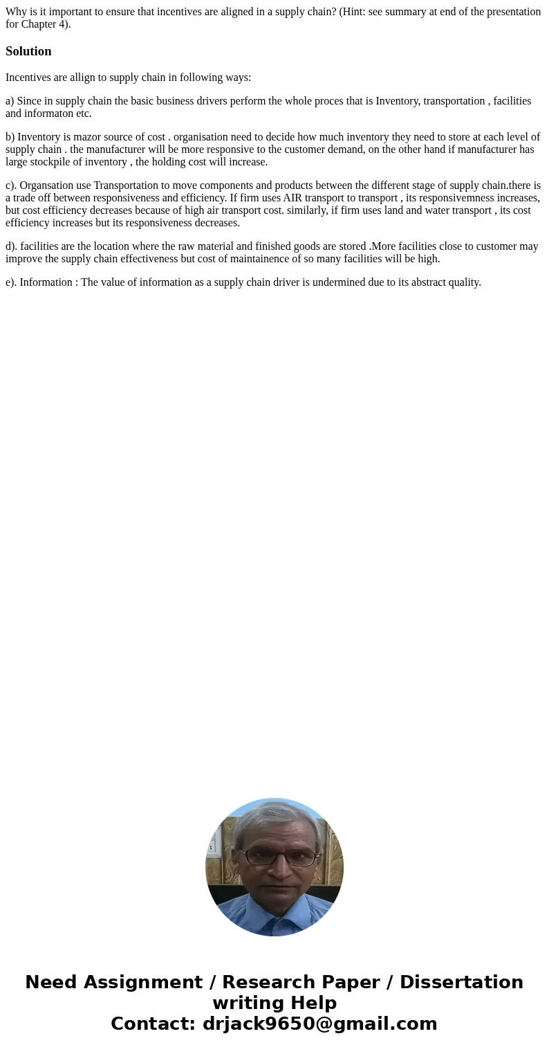 Why is it important to ensure that incentives are aligned in a supply chain? (Hint: see summary at end of the presentation for Chapter 4).SolutionIncentives are