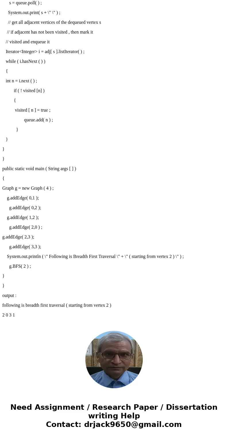 Write a complete and simple to understand JavaScript code for implementing Breadth First Search algorithmSolution// java program to print bfs traversal from a g Write a complete and simple to understand JavaScript code for implementing Breadth First Search algorithmSolution// java program to print bfs traversal from a g