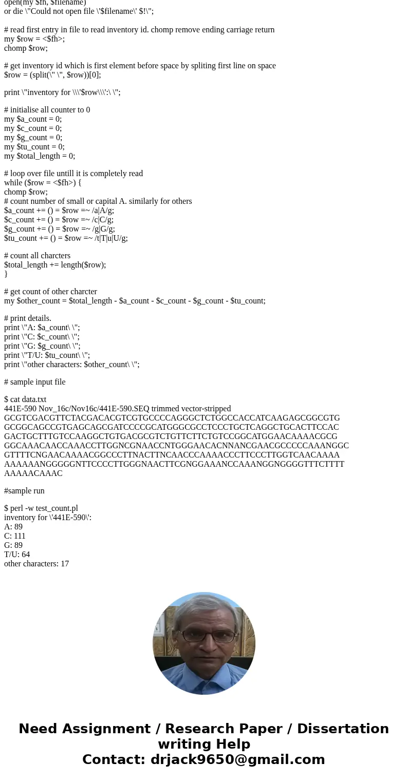 Write a perl script that count the number of letter A, C, G, T/U in a genetic sequence. Sequence information in the file can be in upper or lower case. Your scr Write a perl script that count the number of letter A, C, G, T/U in a genetic sequence. Sequence information in the file can be in upper or lower case. Your scr