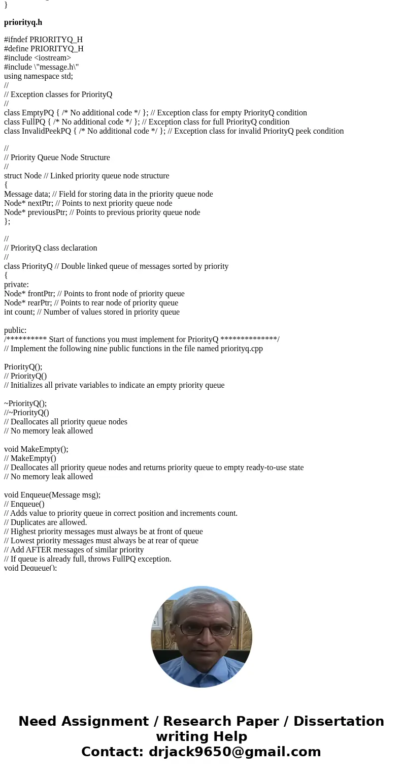 Write message.cpp and priorityq.cpp. The code in message.cpp and priorityq.cpp doesn\'t need any input or output statements. Do not modify priorityq.h, message. Write message.cpp and priorityq.cpp. The code in message.cpp and priorityq.cpp doesn\'t need any input or output statements. Do not modify priorityq.h, message.
