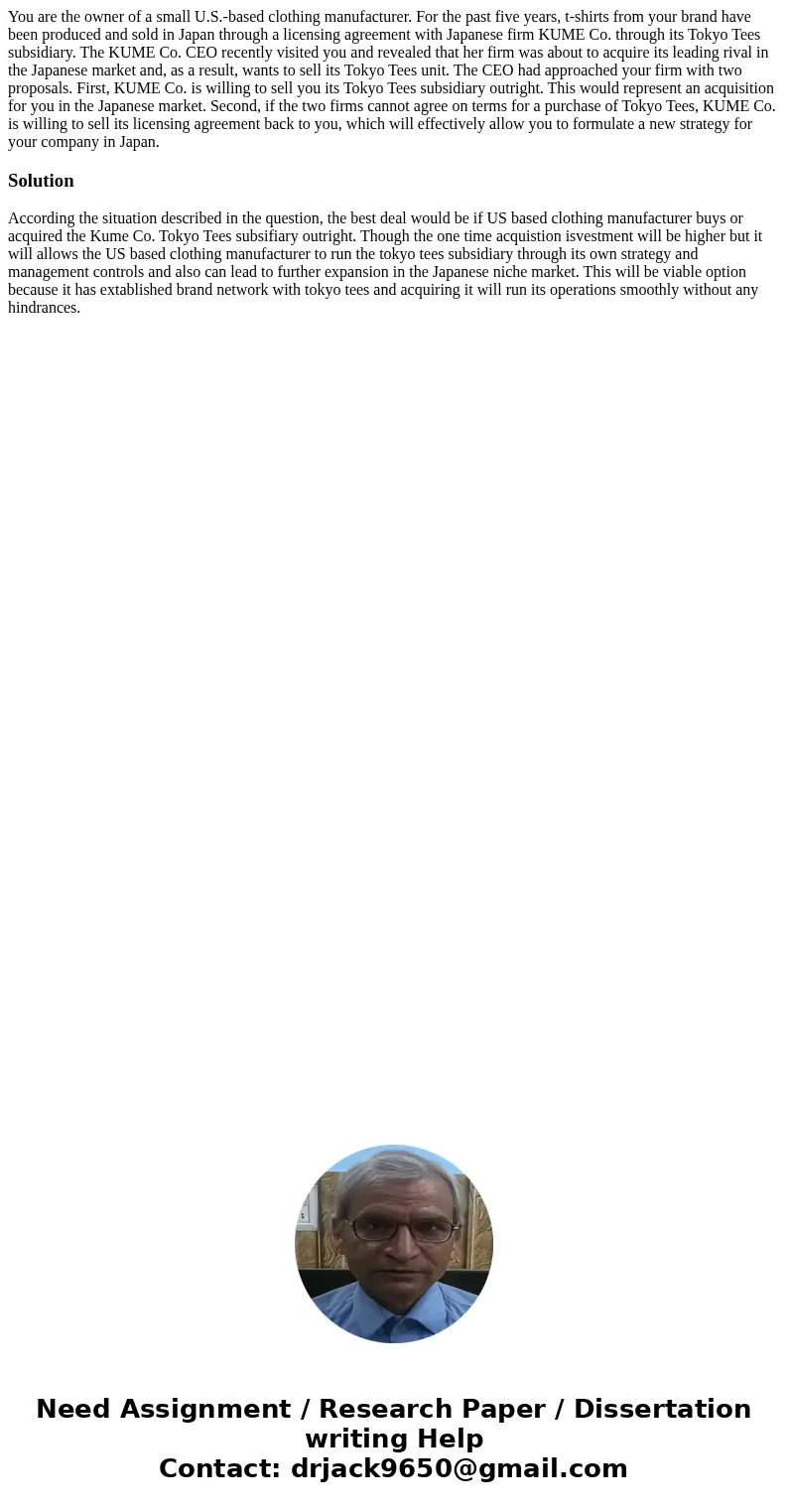 You are the owner of a small U.S.-based clothing manufacturer. For the past five years, t-shirts from your brand have been produced and sold in Japan through a  You are the owner of a small U.S.-based clothing manufacturer. For the past five years, t-shirts from your brand have been produced and sold in Japan through a