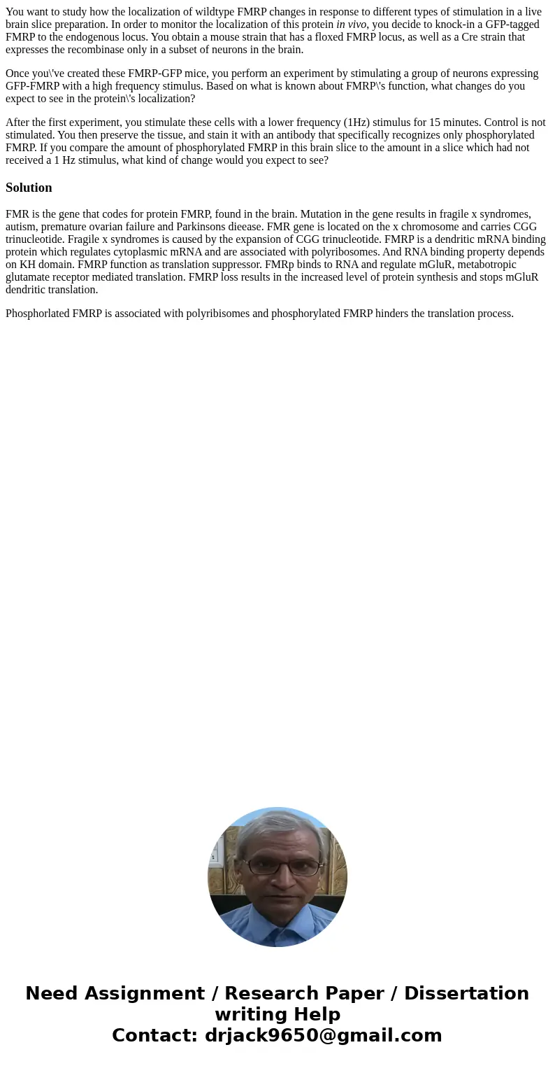 You want to study how the localization of wildtype FMRP changes in response to different types of stimulation in a live brain slice preparation. In order to mon You want to study how the localization of wildtype FMRP changes in response to different types of stimulation in a live brain slice preparation. In order to mon