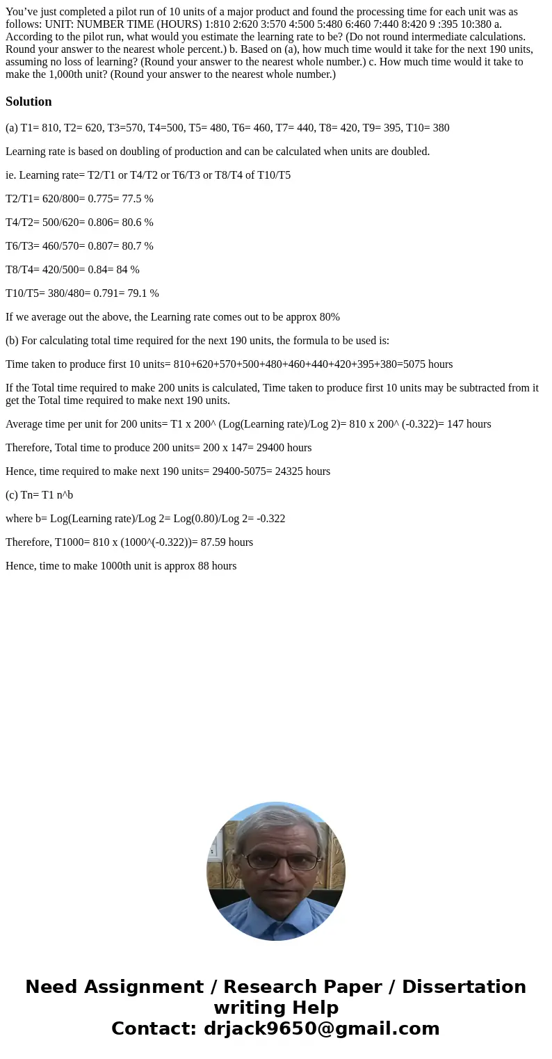 You’ve just completed a pilot run of 10 units of a major product and found the processing time for each unit was as follows: UNIT: NUMBER TIME (HOURS) 1:810 2:6 You’ve just completed a pilot run of 10 units of a major product and found the processing time for each unit was as follows: UNIT: NUMBER TIME (HOURS) 1:810 2:6
