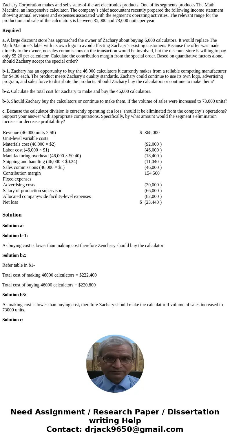 Zachary Corporation makes and sells state-of-the-art electronics products. One of its segments produces The Math Machine, an inexpensive calculator. The company