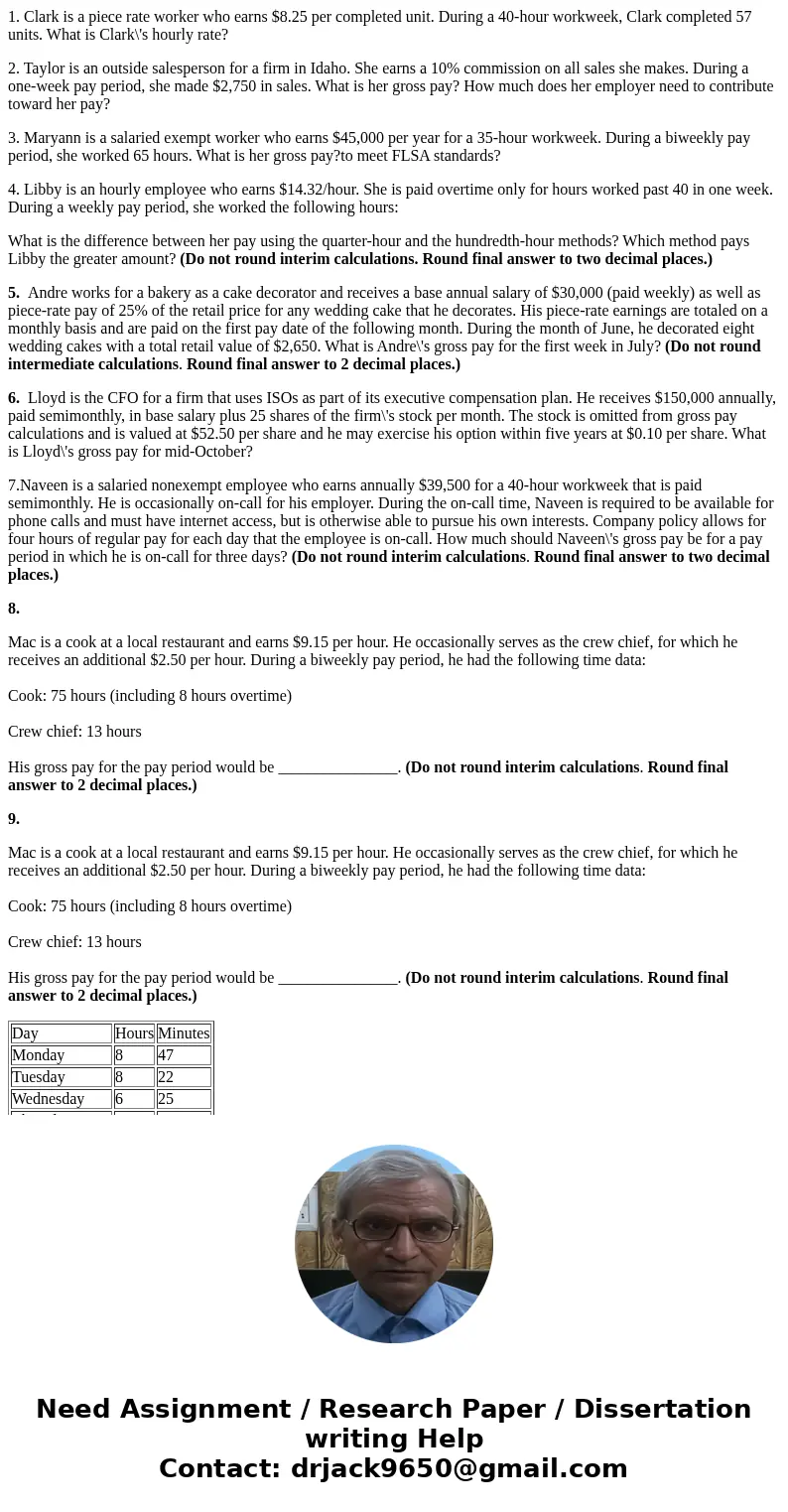 1. Clark is a piece rate worker who earns $8.25 per completed unit. During a 40-hour workweek, Clark completed 57 units. What is Clark\'s hourly rate? 2. Taylor