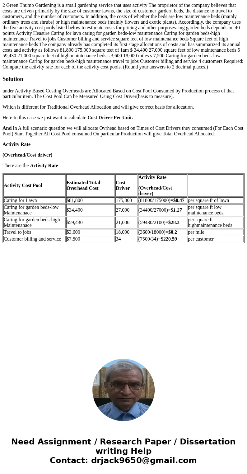 2 Green Thumb Gardening is a small gardening service that uses activity The proprietor of the company believes that costs are driven primarily by the size of c  2 Green Thumb Gardening is a small gardening service that uses activity The proprietor of the company believes that costs are driven primarily by the size of c