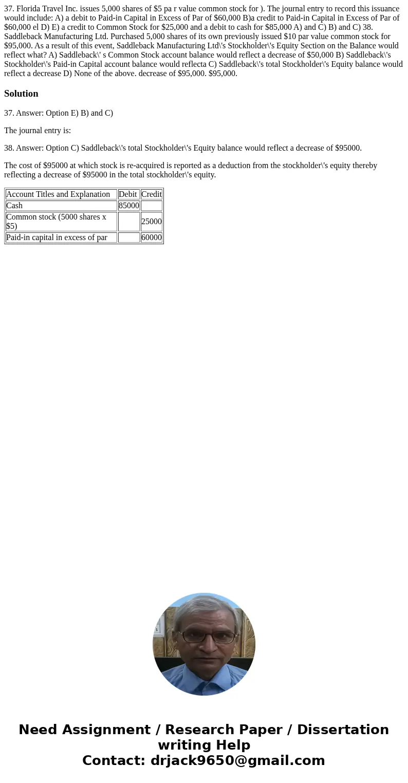 37. Florida Travel Inc. issues 5,000 shares of $5 pa r value common stock for ). The journal entry to record this issuance would include: A) a debit to Paid-in  37. Florida Travel Inc. issues 5,000 shares of $5 pa r value common stock for ). The journal entry to record this issuance would include: A) a debit to Paid-in