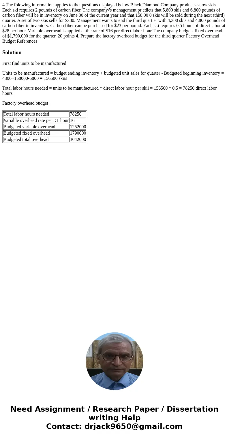 4 The folowing information applies to the questions displayed below Black Diamond Company produces snow skis. Each ski requires 2 pounds of carbon fiber. The c  4 The folowing information applies to the questions displayed below Black Diamond Company produces snow skis. Each ski requires 2 pounds of carbon fiber. The c