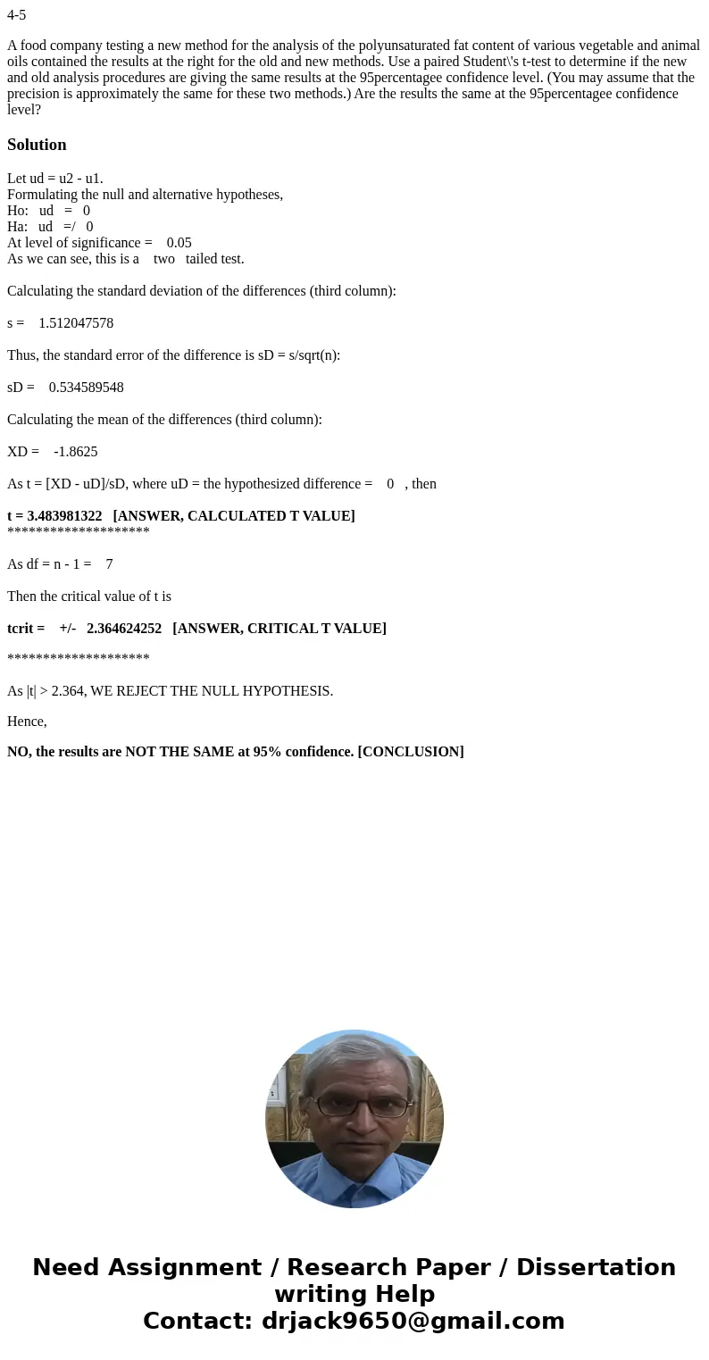 4-5 A food company testing a new method for the analysis of the polyunsaturated fat content of various vegetable and animal oils contained the results at the ri