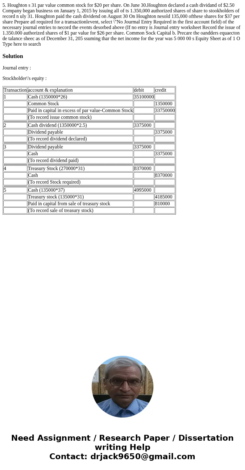  5. Houghton s 31 par value common stock for $20 per share. On June 30.Houghton declared a cash dividand of $2.50 Company began business on January 1, 2015 by i