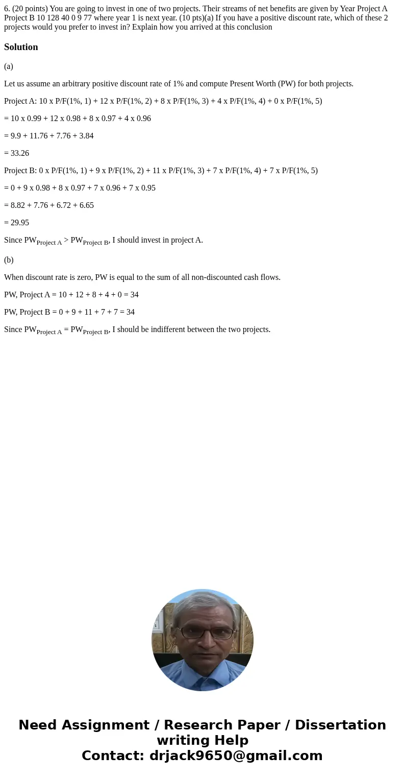 6. (20 points) You are going to invest in one of two projects. Their streams of net benefits are given by Year Project A Project B 10 128 40 0 9 77 where year   6. (20 points) You are going to invest in one of two projects. Their streams of net benefits are given by Year Project A Project B 10 128 40 0 9 77 where year
