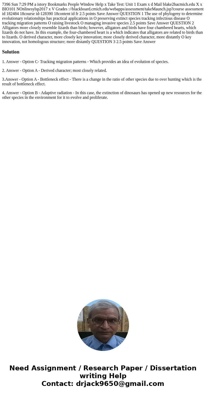 7396 Sun 7:29 PM a istory Bookmarks People Window Help x Take Test: Unit 1 Exam x d Mail blake2hacmich.edu X x BIO101 NOnlinesylsp2017 x V Grades ://blackboard  7396 Sun 7:29 PM a istory Bookmarks People Window Help x Take Test: Unit 1 Exam x d Mail blake2hacmich.edu X x BIO101 NOnlinesylsp2017 x V Grades ://blackboard