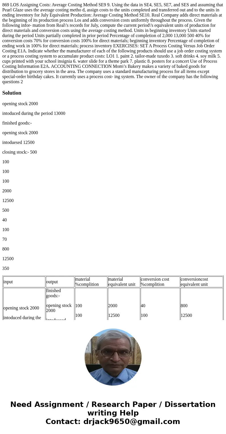 869 LOS Assigning Costs: Average Costing Method SE9 9. Using the data in SE4, SE5, SE7, and SES and assuming that Pearl Glaze uses the average costing metho d,  869 LOS Assigning Costs: Average Costing Method SE9 9. Using the data in SE4, SE5, SE7, and SES and assuming that Pearl Glaze uses the average costing metho d,