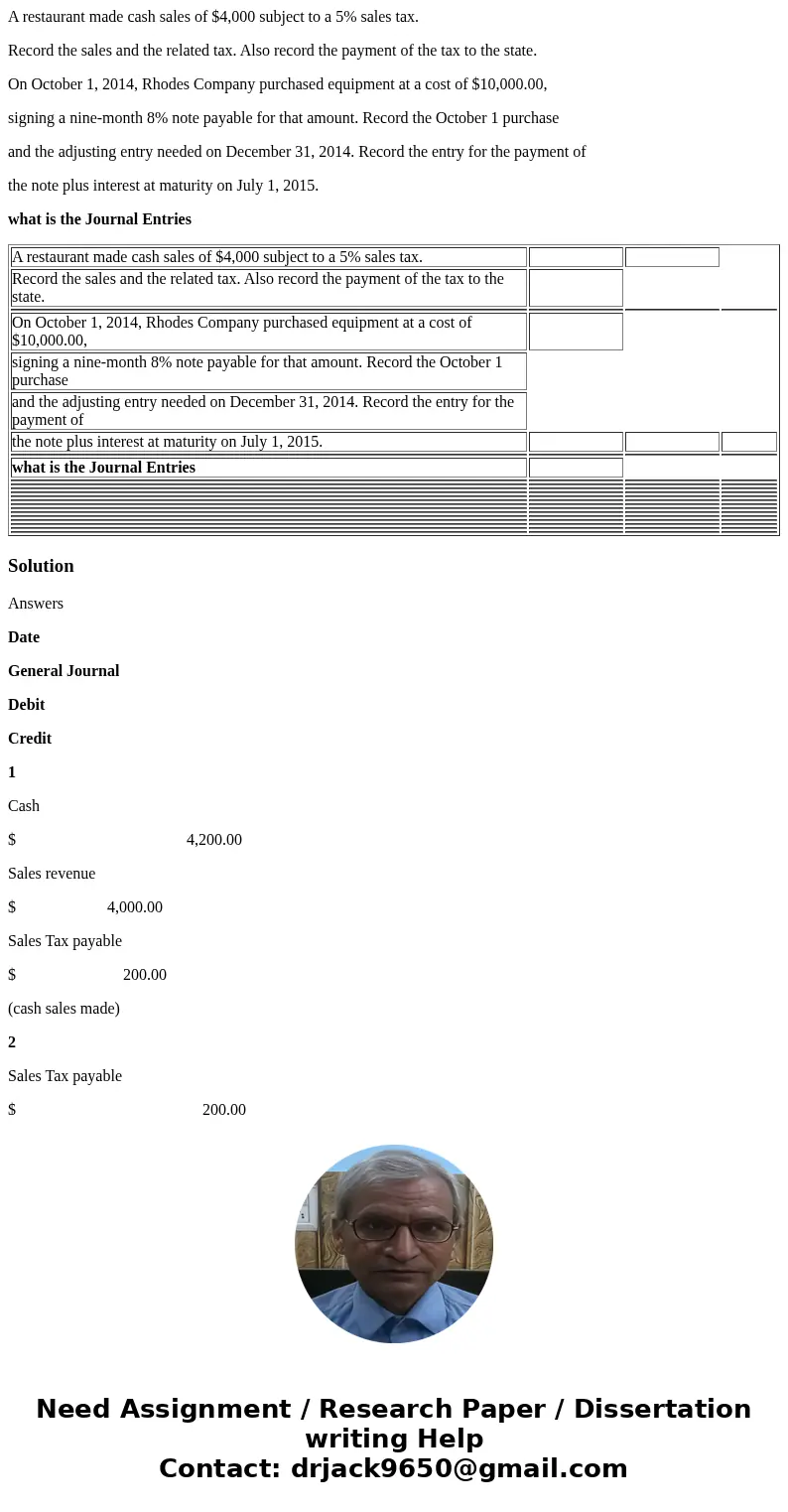 A restaurant made cash sales of $4,000 subject to a 5% sales tax. Record the sales and the related tax. Also record the payment of the tax to the state. On Octo