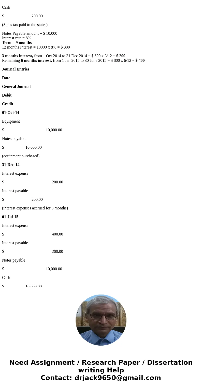 A restaurant made cash sales of $4,000 subject to a 5% sales tax. Record the sales and the related tax. Also record the payment of the tax to the state. On Octo