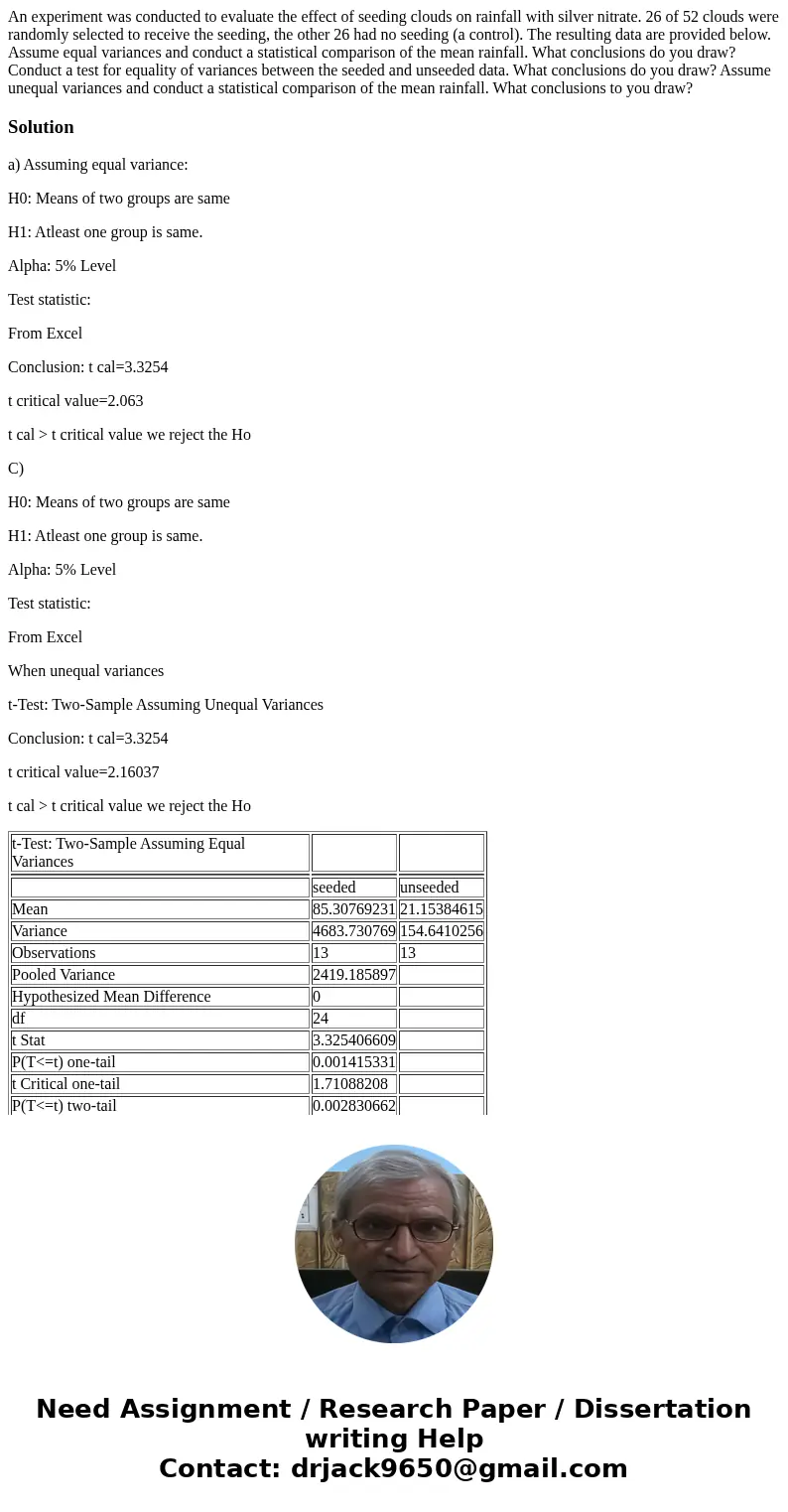 An experiment was conducted to evaluate the effect of seeding clouds on rainfall with silver nitrate. 26 of 52 clouds were randomly selected to receive the see  An experiment was conducted to evaluate the effect of seeding clouds on rainfall with silver nitrate. 26 of 52 clouds were randomly selected to receive the see